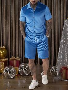 Manfinity AFTRDRK Men Velvet Shirt & Drawstring Waist Shorts Gold Shirt Menmen's Two Pieces Set - Blue - View 6