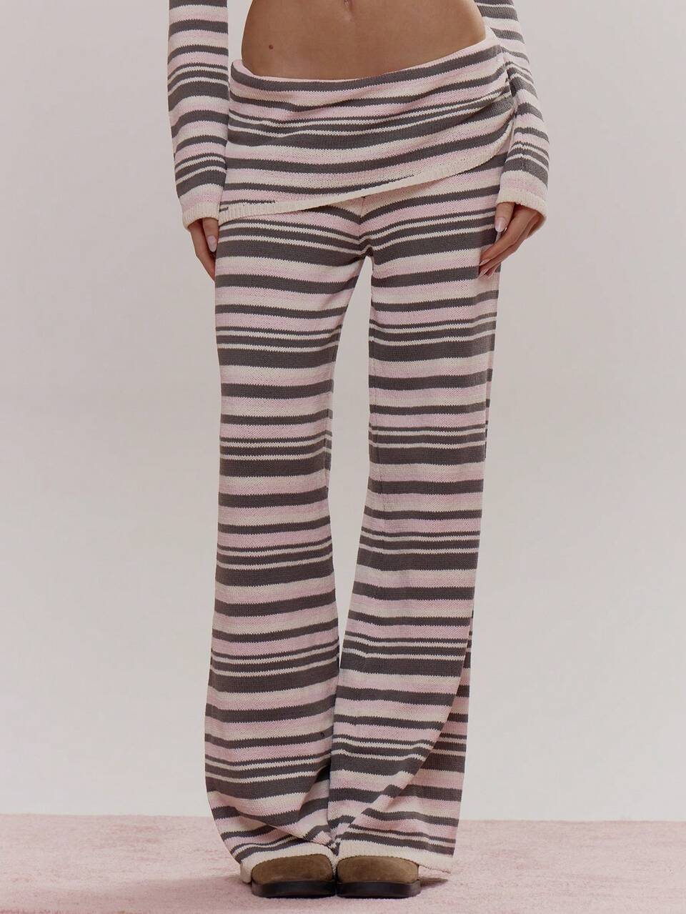 Asymmetric Fold Over Waist Detail Stripe Knit Wide Leg Trouser Coord Bottoms Only Cute Girly Sexy Spring Winter Going Out Daily Sugar Swizzle