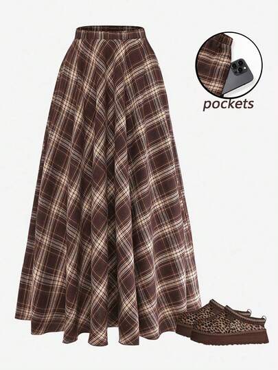 Franclia חצאית אלגנטית ורב-תכליתית לנשים במידות גדולות עם קפלים ומחשמלת בד הדפס משובץ