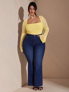 SHEIN BAE Plus Size Women's Elegant Eggplant Purple Long Sleeve Bodysuit, Autumn/Winter - Yellow - View 5