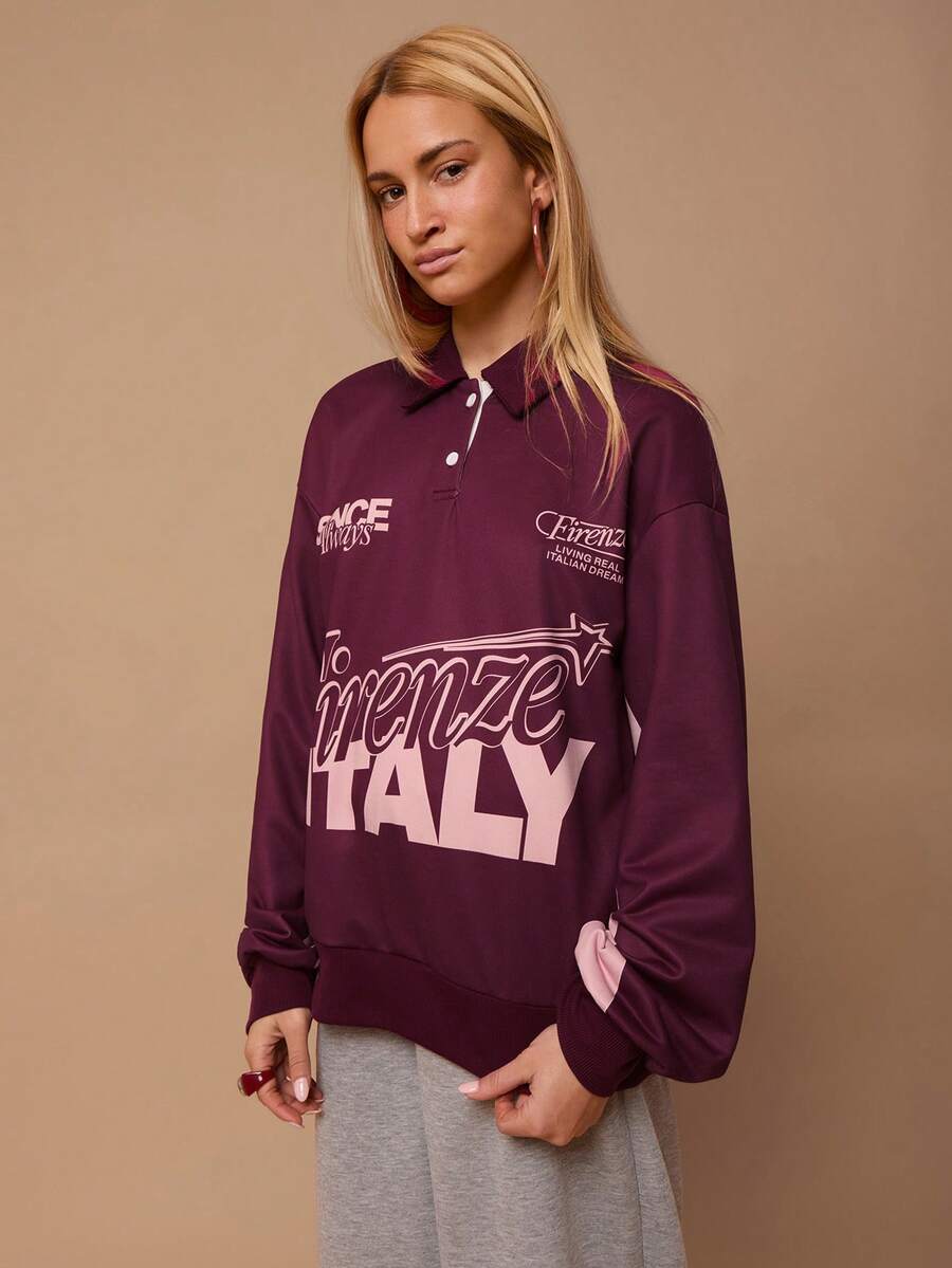 SURIMA Sudadera casual de mujer con cuello polo y estampado en inglés, para primavera/otoño - Multicolor - Ver 1