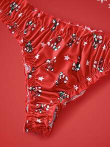 Notgurli 2 Stücke Weihnachts-Rüschen-Trim Allover-Muster süßer Weihnachts-Muster Lingerie-Set - BH und Slip für Frauen - Rot - Übersicht 4