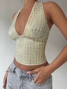 Aloruh Áo kiểu nữ gợi cảm buộc dây sau cổ, đính sequin, thích hợp cho mùa xuân, đi chơi, thanh lịch, gợi cảm, phù hợp đi club, dự tiệc. - Nhiều màu - Xem 9