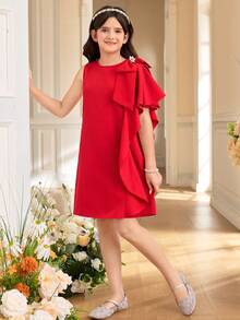 Vestido elegante sin mangas con volantes para niña preadolescente - Rojo - Ver 3