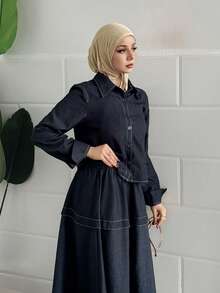 DAZY 2pcs Women Casual Collared Contrast Trim Top And Skirt Set - Navy Blue - View 3