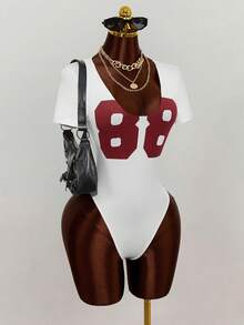 Mistrie Body de cuello redondo con estampado numérico, de manga corta y estilo de moda - Multicolor - Ver 3