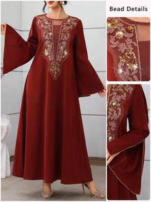 Al Najma Sequin Embellished Slit Sleeve Women's Turkish Maxi Dress & Arabic Traditional Abaya Kaftan Jalabiya Dress - Redwood - View 4