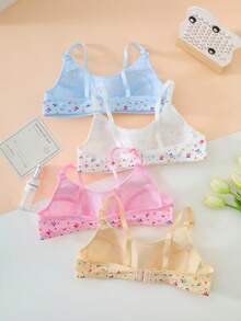Genkimix Kids Bộ 4 món áo ngực in họa tiết chấm bi hoạt hình dễ thương cho bé gái, bộ đồ lót thoải mái phù hợp cho mọi mùa. - Nhiều màu - Xem 2