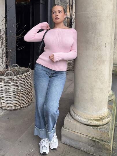 Bethéva Women Oblique Shoulder Asymmetrical Neck Dual-Wear Solid Color Long Sleeve Sweater, Autumn/Winter Knit Pullover Fall