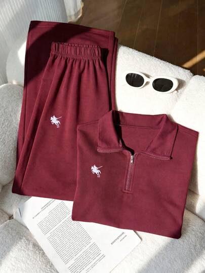 SHEIN 2pcs/Set Girls Casual Hoodie Set, Gray Contrast Collar Zip-Up Short Sleeve Cropped Sweatshirt Paired With Matching Loose Wide-Leg Comfortable Pants, Front Embroidery Design, Suitable For Outdoor, Indoor, Sports, Party, School, Spring/Summer/Autumn