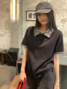 DAZY Women's Leopard Print Lapel Short Sleeve Casual T-Shirt - Black - View 4