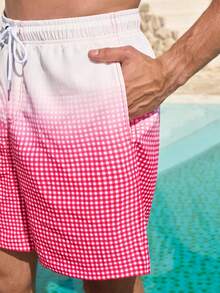 Manfinity VDAYZ 1件装男士夏季度假渐变格纹印花抽绳腰宽松沙滩短裤 - 紅色 - 查看 6