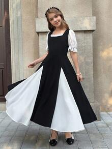 SHEIN 女童优雅黑白雪纺收腰泡泡袖拼接连衣裙 - 黑與白 - 查看 6