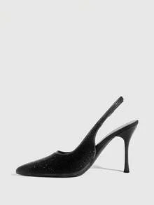 CUCCOO SZL 女士时尚尖头细跟黑色水钻后跟提拉性感宴会派对女士高跟鞋露跟鞋女鞋 - 黑色 - 查看 4