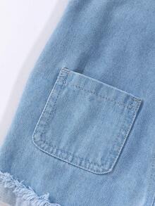 SHEIN Playful Pals 女童藍色雛菊蝴蝶結印花牛仔吊帶短褲兩件組，嬰幼童甜美休閒韓系時髦學院風夏季旅行套裝 - 中等水洗藍 - 查看 7