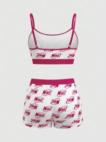 The Winx X SHEIN Women's Letter Graphic Color Block Bra And Shorts Lingerie Set - Hot Pink - View 6