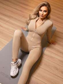 Innovista Women's Stand Collar Zipper Fitted Daily Outdoor Ski Jumpsuit, Long Sleeve - Coffee Brown - View 5