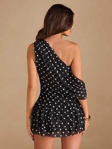 SHEIN BAE 女士黑色优雅不对称荷叶边迷你连衣裙，黑色小黑裙，适合日常约会、派对、聚会、鸡尾酒会、浪漫约会、伴娘礼服、晚间外出等场合。 - 黑色 - 查看 2