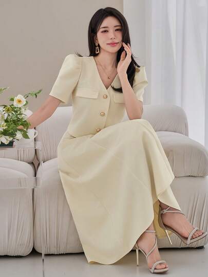 DAZY 女士优雅纯色V领泡泡袖假口袋衬衫和A字裙两件套，夏季