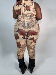 Truni 新款春夏休闲街头性感小立领无袖修身长裤杏色底裤玫瑰龙印花网纱印花女加大紧身连体裤-B - 彩色 - 查看 4