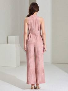 DAZY Women's Casual Floral Print Sleeveless Lapel Tie-Up Vest And Wide Leg Pants 2-Piece Set, Spring/Summer - Pink - View 2