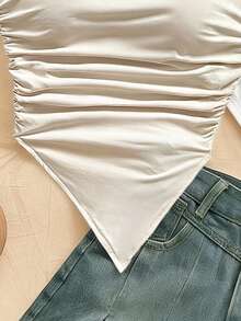 Soleia 3pcs Women's Vacation Casual Asymmetric Hem Asymmetric-Shoulder Top, Summer 2-Piece Set, Suitable For Back To School, Afternoon Tea, Casual, Beach Wedding Guest, Graduation Brunch, St. Patrick's Day, Spring Break, Easter, Music Festival, Elegant Boho Tropical, Brown, Black, Apricot,White Top - Multicolor - View 4