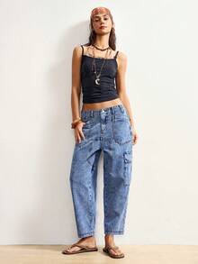 Bohemela 新款女士牛仔裤，宽松版型，低腰设计，实用口袋，锥形裤腿，休闲百搭，修身剪裁，9/10长度，蓝色。Y2K波西米亚风格，适合音乐节、夏季春季、海滩度假等场合。 - 淺色水洗藍 - 查看 3