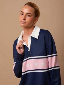 SURIMA Women's Casual Wide Stripe Drop Shoulder Long Sleeve Loose Polo Neck Sweatshirt - Multicolor - View 5