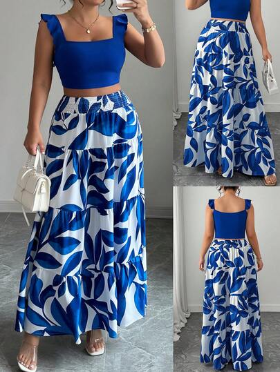 Elenzga Plus Size Women 2pcs Set: Soft Stretchy Fitted Camisole & Loose A-Line Skirt With Ink Painting Leaf Print, Suitable For Spring/Summer Casual, Commuting, Daily Wear