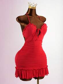 SaltGleam SaltGleam Đầm ngắn ôm sát gợi cảm dành cho nữ, cổ yếm, thắt nơ phía trước, khoét lưng, thân áo xếp ly, viền bèo nhún. - Đỏ - Xem 6