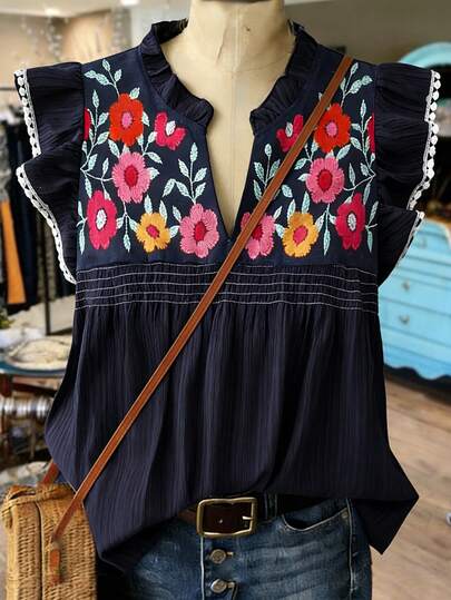 Linhara Plus Size Women Summer Casual Vacation Floral Print Notched Neck Ruffle Trim Blouse Women's Tops And Blouses Boho Tops For Women Women's Tops For Summer