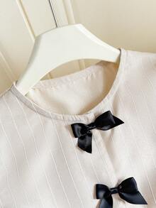 SHEIN 少女休闲卡其条纹蝴蝶结装饰泡泡袖修身上衣和宽松直筒裤两件套，返校季 - 卡其色 - 查看 9