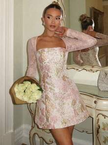 SHEIN Glamour Women's Pink Textured Floral Jacquard Fabric With Lace Lining Collared Waist Dress, Elegant Fashion Party Versatile Women's Pink Dress - Pink - View 1