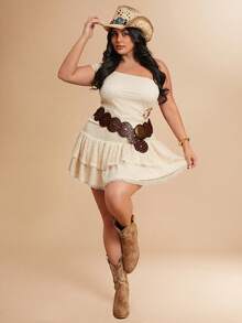 SHEIN BAE Plus Size Fitted One-Shoulder Top & Short Pleated Skirt 2 Pieces Set,Summer,Beige,Boho,Vacation,Sleeveless Crop Top With Waist Buckle,Minimalist Style - Apricot - View 4