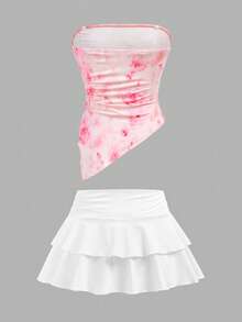 SHEIN Tween Girls Floral Print Ruched Hem Cropped Cami With Sheer Straps & Layered Cute Mini Skirt 2-Piece Set - Pink - View 2