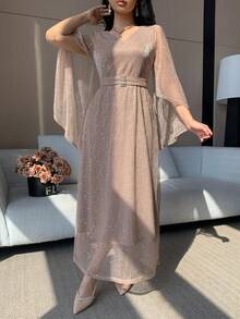 DAZY Women's Elegant Solid Color V-Neck Ruffle Sleeve Belted Long Dress, Spring/Summer Maxi Dress Sundress - Pink - View 6