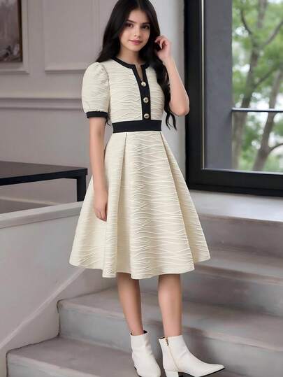 1-Piece Tween Girls' Autumn And Winter Elegant Knitted Jacquard Small V-Neck With Metal Buckle Decoration, Spliced Hem, Pleated Color-Blocking Style, Large Dress, Short-Sleeved Slim-Fit Dress For Daily Outings, Casual Gatherings, And Occasions