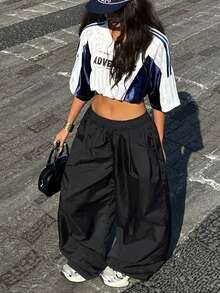 Coolane 女士休闲日常通勤简约纯黑色弹力腰侧口袋宽松阔腿裤 - 黑色 - 查看 3