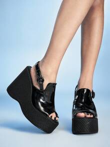 Sugerpunk 女士厚底凉鞋，露趾坡跟拖鞋，时尚鞋履 - 黑色 - 查看 2