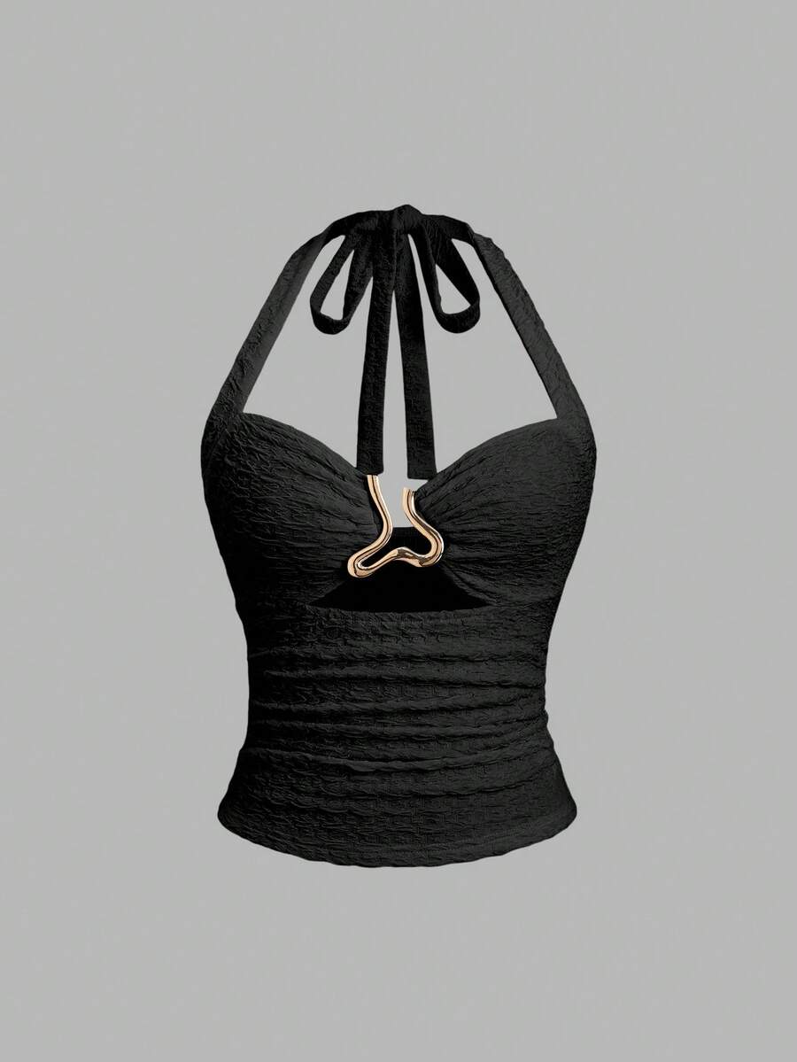 Sweetra 法式甜心系带露背镂空金属装饰褶皱修身女式背心 - 黑色 - 查看 1