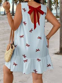 Veykashi Plus Size Bow Striped Print Dress, Suitable For Vacation - Multicolor - View 1