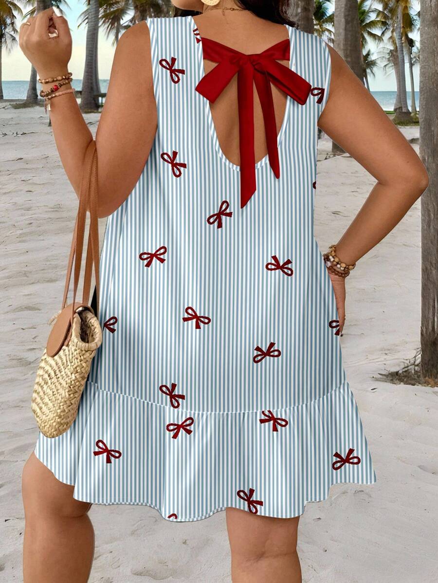 Veykashi Plus Size Bow Striped Print Dress, Suitable For Vacation - Multicolor - View 1