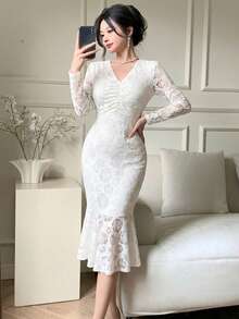 DAZY 优雅法式蕾丝连衣裙，收腰设计，修身显瘦，高端大气上乘的吊带长裙 - 米色 - 查看 5