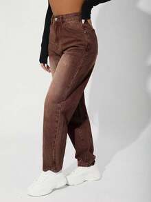 SHEIN PETITE Women's Casual Everyday Pockets Button Denim Jeans - Coffee Brown - View 2