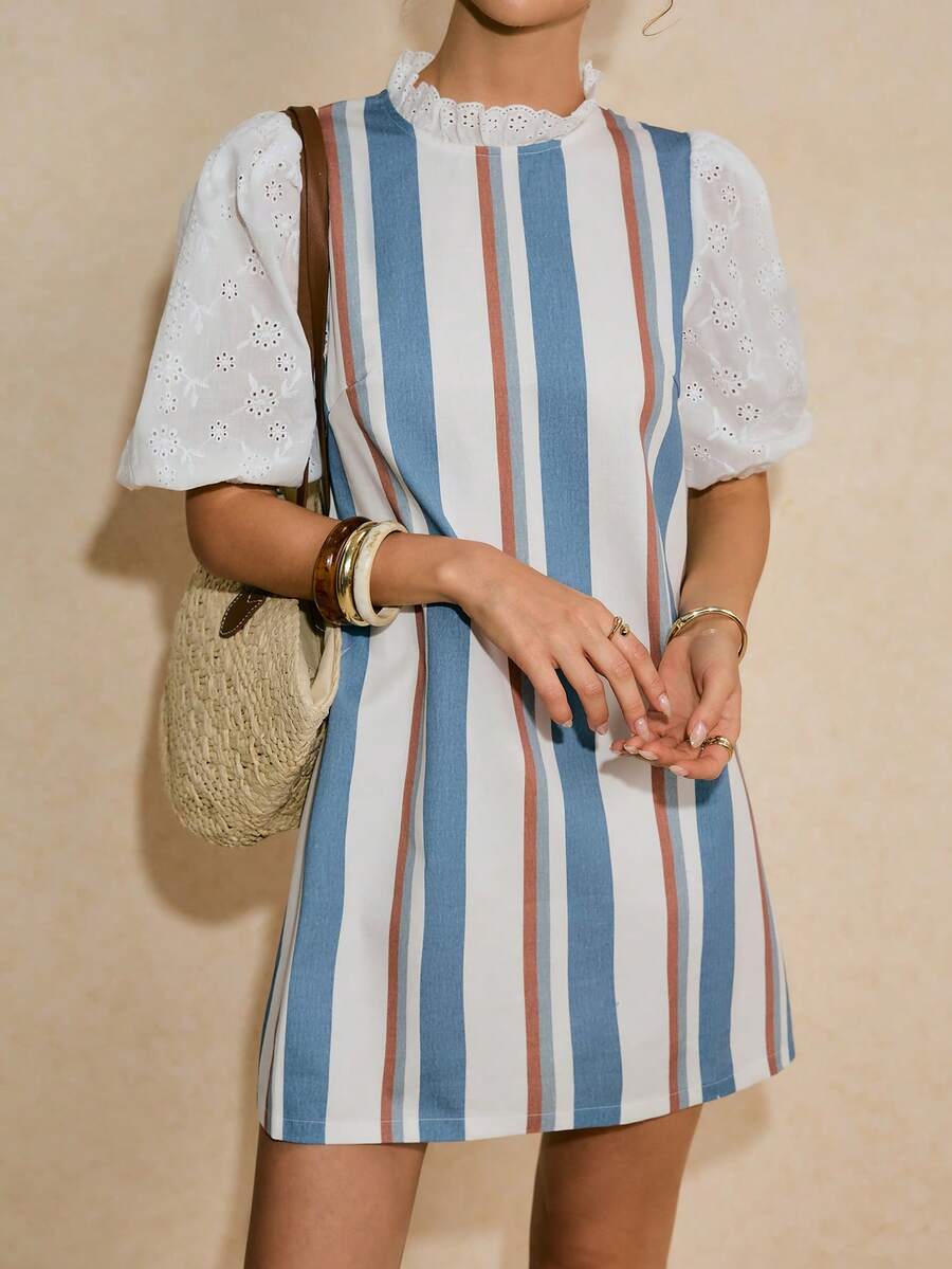 Poéselle Women's Frill Collar Patchwork Hollow Out Embroidery Puff Sleeve Striped Casual Dress - Blue and White - View 1