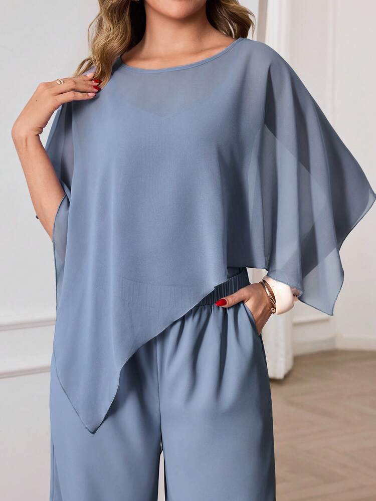 Women's Elegant Blue 2-Piece Chiffon Set,Asymmetrical Shawl-Sleeve Top & Wide-Leg Trousers,Mother Of Bride,Modest Autumn Summer Outfits For Vacations