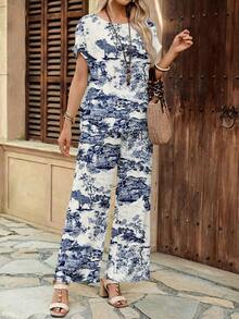 EMERY ROSE 两件套女士休闲宽松圆领上衣和裤子，百搭套装，适合春秋季女士度假穿着，夏季裤装套装，女士度假套装，女士度假连体裤，女士优雅连衣裙，女士休闲度假套装 - 彩色 - 查看 6