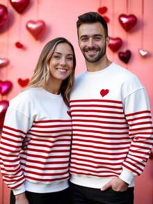 Manfinity Homme Men's Casual Everyday Commute Valentine's Day Date Heart & Stripe Print Thermal Lined Crew Neck Sweatshirt, Autumn/Winter - Multicolor - View 1