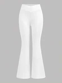 Girlism 2件套少女基础款中筒喇叭裤，黑白腰带交叉设计修身休闲喇叭裤套装 - 白色 - 查看 9