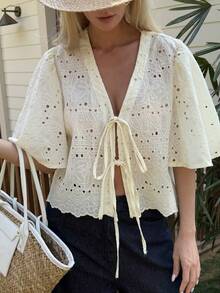 Women's Solid Color Textured Embroidered Loose Short Flare Sleeve Tie Front Casual Holiday Spring/Summer Blouse Boho - Apricot - View 4